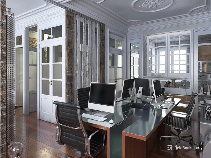 Spacious Public Office Space Interior With Wooden Desks Computers Ergonomic Chairs And Large Windows 3d model 