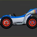 Blue Go Kart With Orange Seats Large Red Rim Tires And Silver Exhaust Pipes