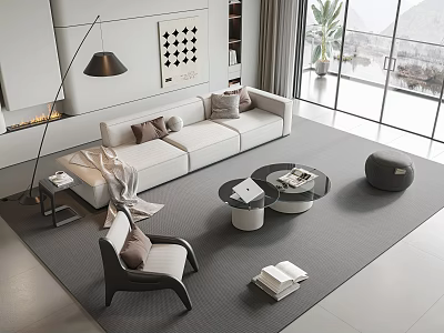 Modern Sofa And Coffee Table Set With Large Windows Green Plant And Area Rug 3d model