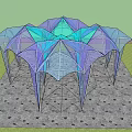Modern Geometric Pergola with Transparent Blue Purple Canopy and Metal Supports in Outdoor Space