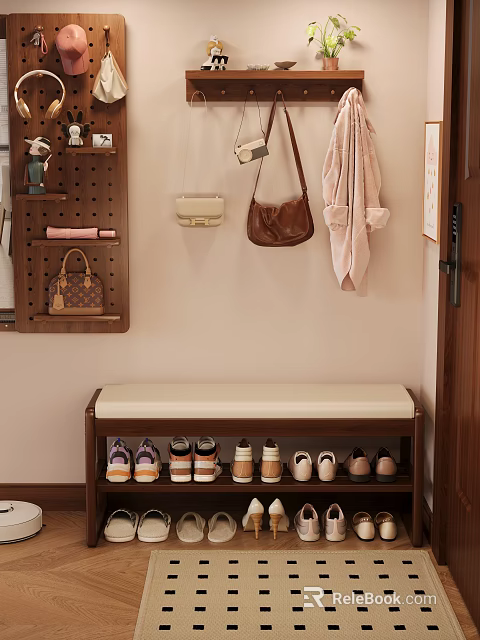 Entryway Wooden Shoe Bench With Cushioned Seat And Storage For Shoes Wall Hooks For Bags Coats 3d model 