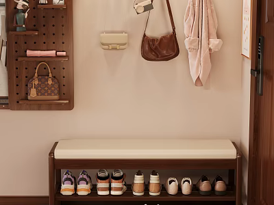 Entryway Wooden Shoe Bench With Cushioned Seat And Storage For Shoes Wall Hooks For Bags Coats 3d model