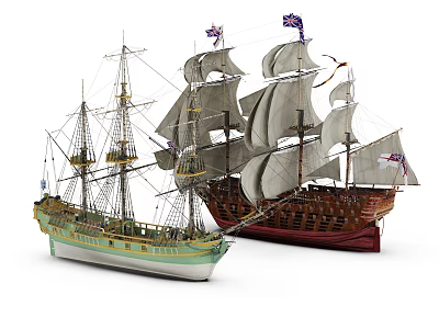 Detailed Model Sailboats With Multiple Masts White Sails And Flags In Green Brown Hues 3d model