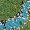 Scenic Park Landscape with Natural Stream Stones Trees and Lush Green Grass