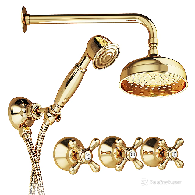 Luxury Gold Shower Faucet With Handheld Sprayer Rainfall Head And Control Knobs 3d model 