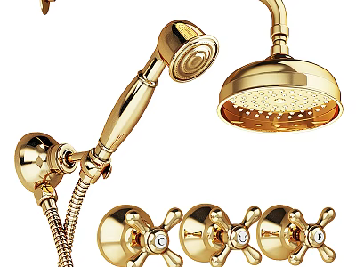 Luxury Gold Shower Faucet With Handheld Sprayer Rainfall Head And Control Knobs 3d model