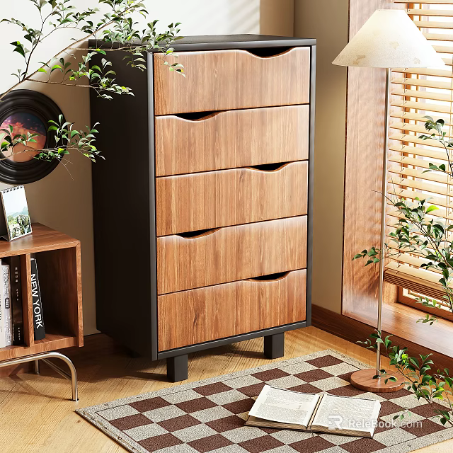 Modern Wooden Storage Cabinet With Drawers In Room Interior With Bookshelf And Plants 3d model 