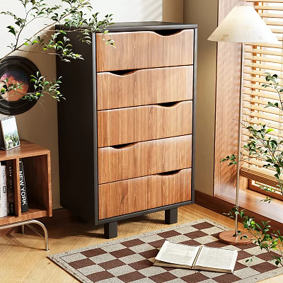 Modern Wooden Storage Cabinet With Drawers In Room Interior With Bookshelf And Plants 3d model