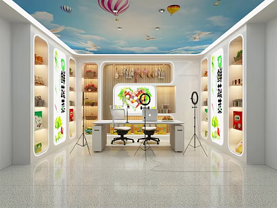 Public Office Space with Blue Sky Ceiling Hot Air Balloon Decorations Open Shelves and Desks 3d model