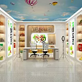 Public Office Space with Blue Sky Ceiling Hot Air Balloon Decorations Open Shelves and Desks
