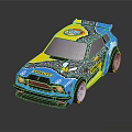 Modified Racing Car With Blue And Yellow Body Graphics Sporty Design And Aerodynamic Rear Spoiler