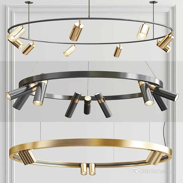 Modern Circular Chandelier Design With Gold And Black Metal Frame And LED Lights 3d model 