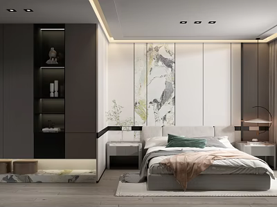 Modern Bedroom Interior With Comfortable Bed Two Nightstands Built-in Wardrobe Soft Lighting And Decorative Painting 3d model