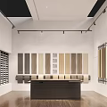 Modern Material Showroom With Various Color Samples On Walls And Central Display Counter