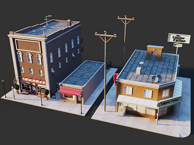 3D Street Scene Model With Commercial Buildings Storefronts And Street Lamps 3d model