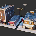 3D Street Scene Model With Commercial Buildings Storefronts And Street Lamps