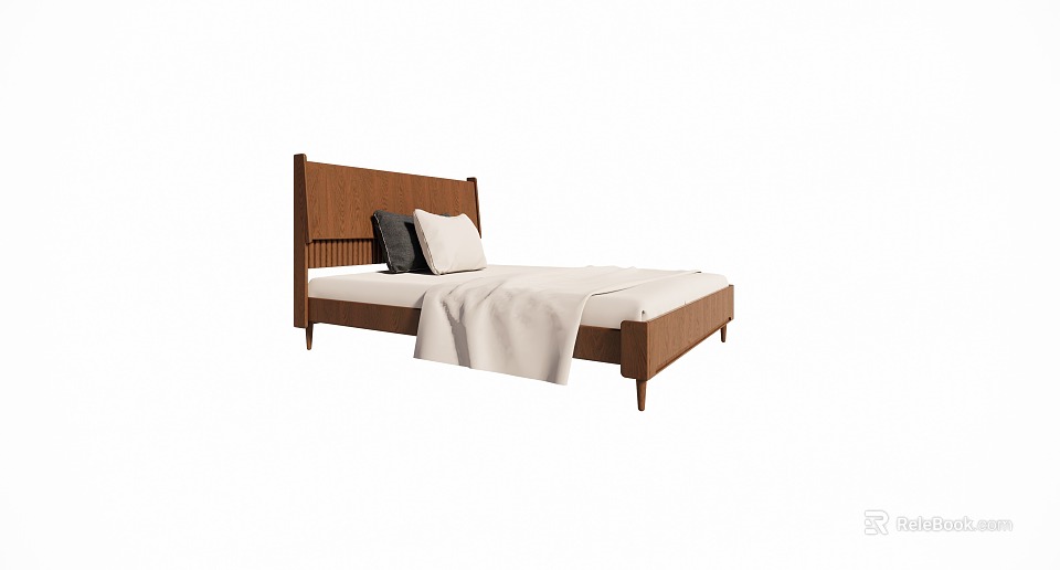 Modern Single Bed With Brown Wooden Headboard Gray White Pillows And White Blanket 3d model 