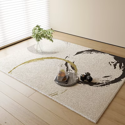 Square Area Rug Beige Black Gold Abstract Patterns Tray Cups Dumbbell Green Plant Indoor Decor 3d model