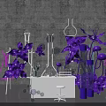 Artistic Floral Installation Featuring Purple Flowers Glass Vessels Neon Lights And White Lab Table