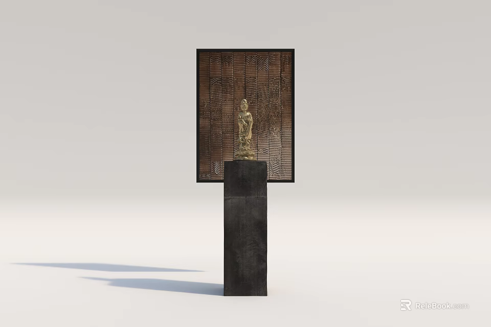 Golden Buddha Sculpture on Black Pedestal with Textured Wooden Panel 3d model 