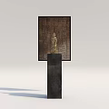 Golden Buddha Sculpture on Black Pedestal with Textured Wooden Panel