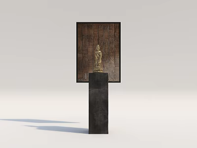 Golden Buddha Sculpture on Black Pedestal with Textured Wooden Panel 3d model