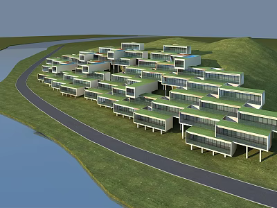 Modern Townhouses In Natural Setting With Green Lawns Waterfront And Large Windows 3d model