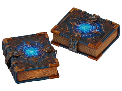 Enchanted Magic Books with Decorative Covers Blue Glowing Symbols Leather Bindings and Metal Clasps 3d model