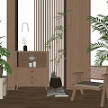 Modern Wooden Chest of Drawers in Indoor Space with Rattan Chair and Green Plants Decor