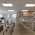Modern Office Meeting Space With Conference Table Folding Chairs Ceiling Lights And Wooden Cabinets