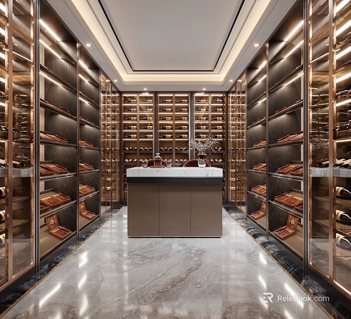 Elegant Modern Wine Cellar Interior With Rows of Wine Racks Central Counter And Marble Floor 3d model 