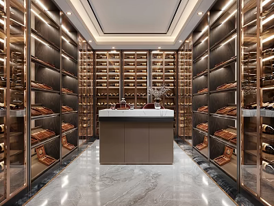 Elegant Modern Wine Cellar Interior With Rows of Wine Racks Central Counter And Marble Floor 3d model
