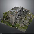 Abandoned Ruined Old Industrial Factory Building Structure With Exposed Frames Overgrown With Lush Green Vegetation