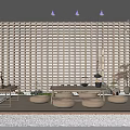 Modern Tea Room With Wooden Lattice Wall Long Table Round Cushions Greenery And Pebble Floor