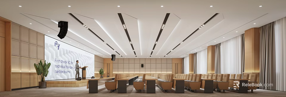 Modern Conference Room Interior With Tables Chairs And Lighting 3d model