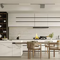 Modern Kitchen Interior With White Cabinets Marble Island And Dining Table Chairs