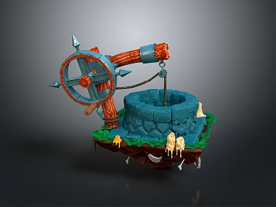 Fantasy Well Scene With Mechanical Wheel Stone Base And Grass Decorations 3d model