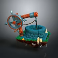 Fantasy Well Scene With Mechanical Wheel Stone Base And Grass Decorations