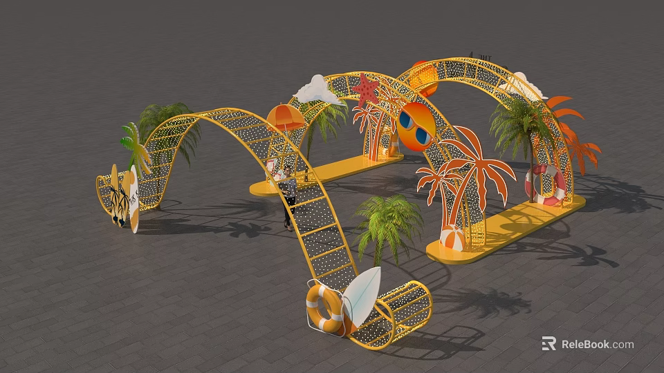 Yellow Frame Decorative Arches with Palm Trees Sunglasses Surfboard Lifebuoy and Clouds 3d model 