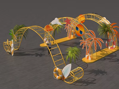 Yellow Frame Decorative Arches with Palm Trees Sunglasses Surfboard Lifebuoy and Clouds 3d model