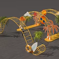 Yellow Frame Decorative Arches with Palm Trees Sunglasses Surfboard Lifebuoy and Clouds