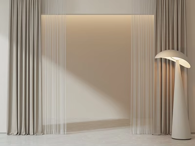 Floor Length Beige Sheer Curtains In Minimalist Interior With Modern Floor Lamp 3d model