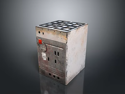 Rusty Old Metal Square Household Appliance With Red Knob And Grid Top Surface 3d model