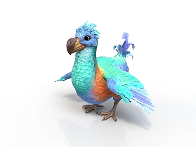 Colorful Bird with Blue Green Orange Feathers and Large Curved Beak Standing on White Background 3d model
