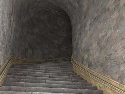 Stone Stairs In Tunnel Like Structure With Stone Walls And Yellow Railings 3d model