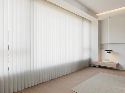 White Pleated Curtains In Modern Bright Interior With Wooden Floor And Pendant Light 3d model