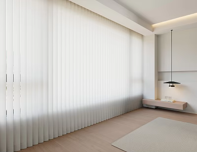 White Pleated Curtains In Modern Bright Interior With Wooden Floor And Pendant Light 3d model