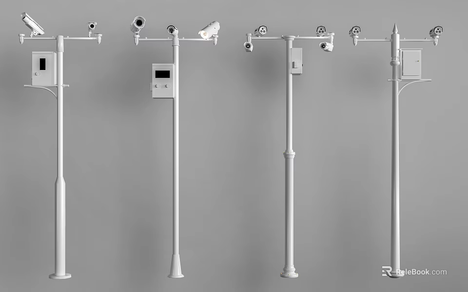 Projection Monitoring Security Systems With Various Cameras Installed On Outdoor Poles And Control Panels 3d model 