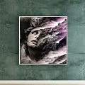 Artistic Portrait Painting With Human Profile And Purple Gray Abstract Background On Green Wall