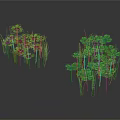 Two Plant Clusters with Left Pink Yellow Flowers and Right Green Clover Leaves Dark Background